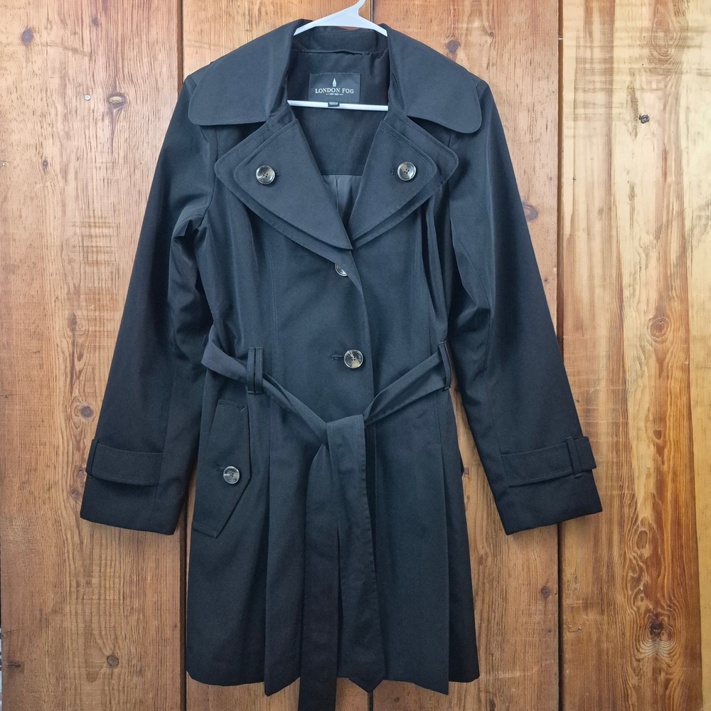 London Fog Womenss Black Belted Trench Coat with Detachable Hood Medium